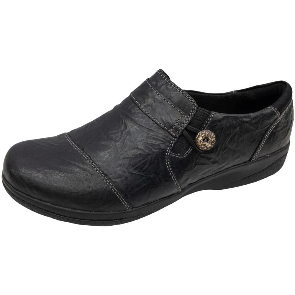 Clarks Women's Cheyn Crystal Crinkle Slip On Loafers Flats Black Leather